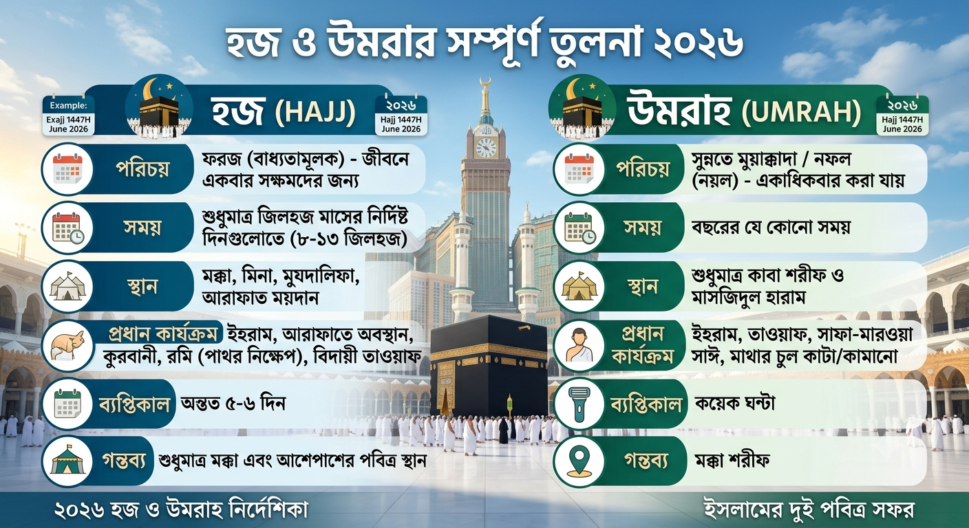 Hajj vs Umrah পার্থক্য | হজ ও উমরাহর সম্পূর্ণ তুলনা ২০২৬